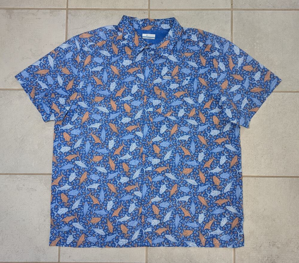Columbia Men's XL PFG Button Shirt Hawaiian Fishing Tribal Marlin Hooks Stretch